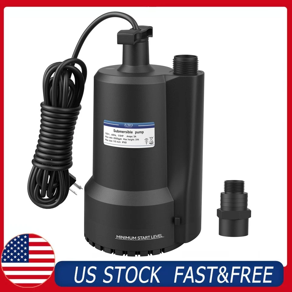 FUTURE WAY 1/3 HP Submersible Utility Pump Sump Pump 2000 GPH 31 ft Head Water Pump, Black