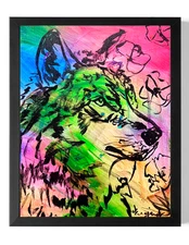GUAJARDO Rainbow Expressionism Neon UV Reactive Wolf 14X11 Canvas Signed Art
