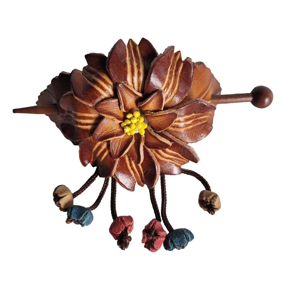 Clipe de cabelo de couro barrette e suporte de rabo de cavalo vara de madeira flor pônei - Imagem 4 de 4