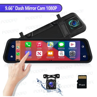 PODOFO Mirror Dash Cam Wireless Apple CarPlay Android Auto 1080P Dual Camera for Cars