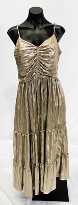SOCIALITE Women's Metallic Pliss Strappy Tiered Midi Dress LC7 Gold Medium  NWT | eBay