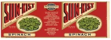 SUN-KIST Brand, Spinach **AN ORIGINAL 1920’s TIN CAN LABEL** w007