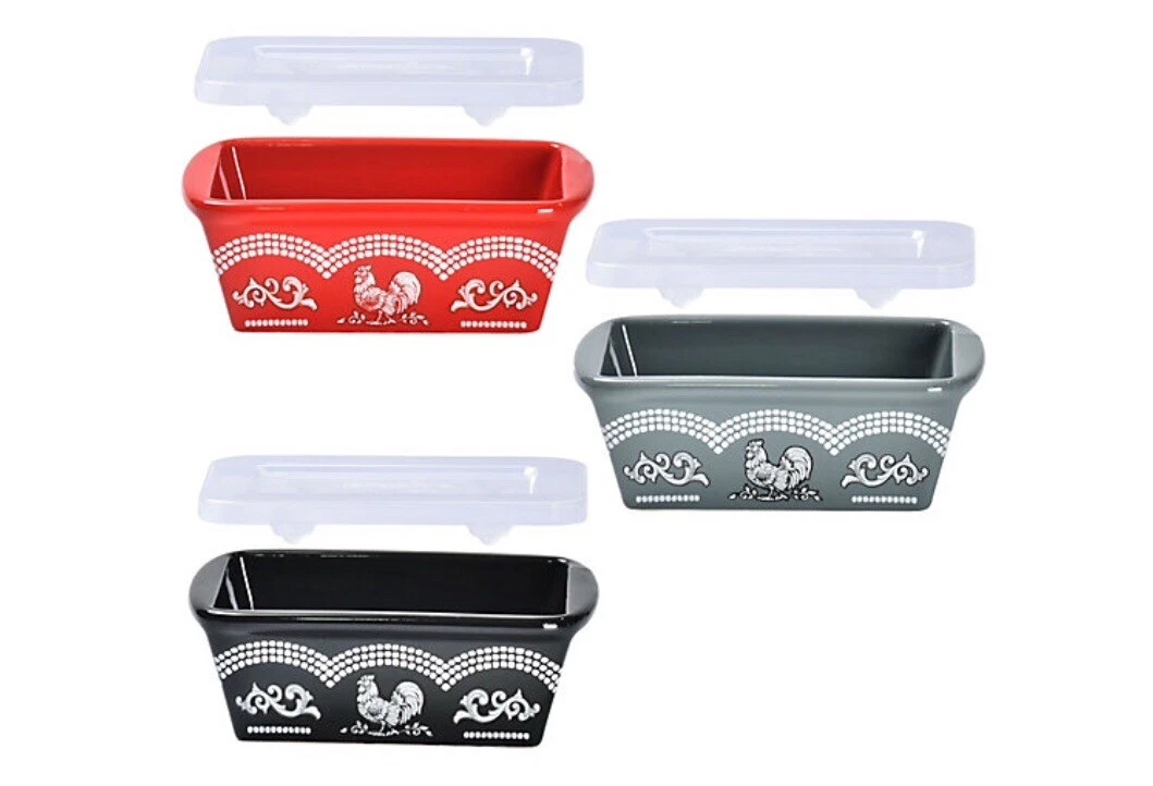 S/3 Temptations DOODLE DOO 14oz Mini Loaf Pan ROOSTER Red Black Grey w/ Boxes