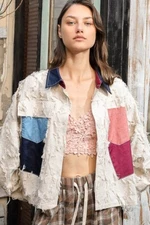 NWT | POL Top GWT270 Ruched Sleeve Textured Patchwork Pockets