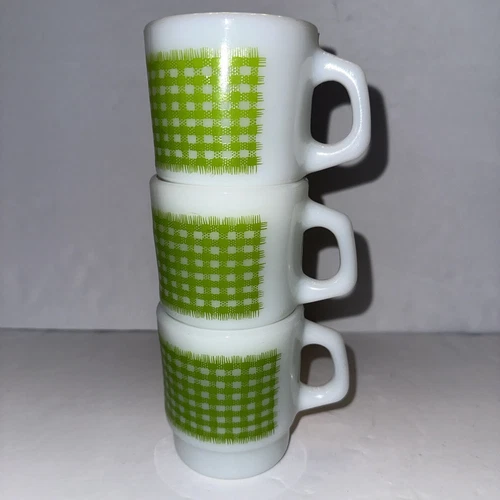 3 Vintage Fire King Green Gingham Plaid Stackable Milk Glass Mugs Anchor Hocking
