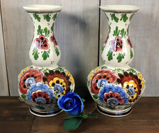 Paire de Vase Ancien en Céramique de Delft Bleu Polychromé Peint Main Signé