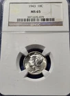 A 1943 Mercury Dime 10c NGC MS65