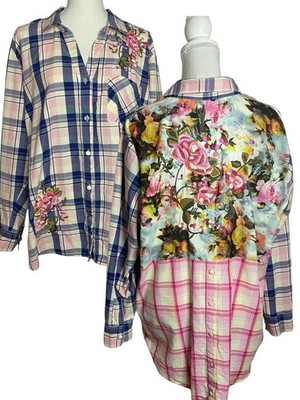 Soft Surroundings 2X Serena Mixed Media Button Plaid Embroidered Top Artsy