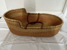 Handwoven African Moses Basket w/ Leather Handles   Boho Bassinet Decor