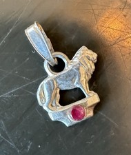 Vintage Tiny 830 Silver Lion Charm Pendant With Ruby. July Zodiac Leo. 1/2”