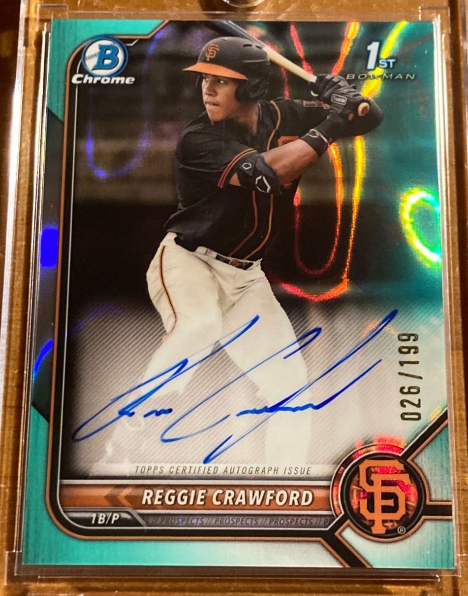 2022 Bowman Draft Reggie Crawford 1st Prospect Chrome Autograph Aqua Lava /199