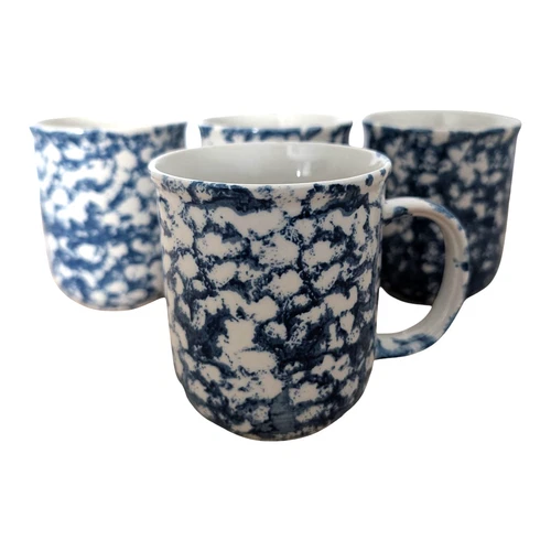 Set of 4 Tienshan Folk Craft Blue Ware Coffee Mugs Blue & White Spongeware Vtg