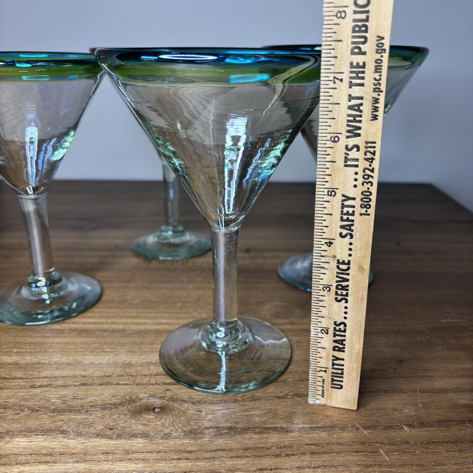 4 Iridescent Mexico Martini Margarita Glasses Glass Blue Green Rim Hand Blown