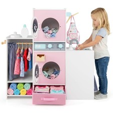 Wooden Kids Laundry Playset Pretend Toy Washing Machine with Clothes Hangers