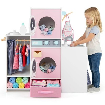 Wooden Kids Laundry Playset Pretend Toy Washing Machine with Clothes Hangers