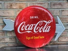 Vintage 1950s Drink Coca-Cola 16” Inch Button Sign W/ Arrow and Original Bracket