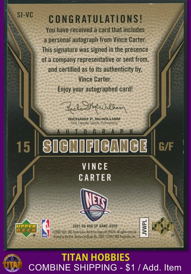 2007-08 SP Game Used Vince Carter Significance Autograph #SI-VC - Image 2 of 2