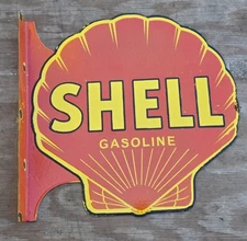 LARGE VINTAGE SHELL GASOLINE  DOUBLE-SIDED  PORCELAIN FLANGE SIGN 17" X 17".