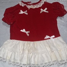 Vintage Red /White Velvet Ruffle Lace Bows Dress Baby Girl 12 Mo Holiday    Party