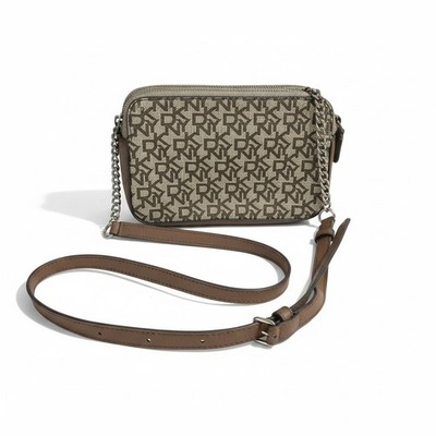 DKNY Veronica Double Zip crossbody bag monogram pattern brown trim READ DESCRIPT