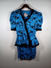 Maggy London Blue Black Womens Wrap Peplum Floral Vintage Silk Skirt Suit Size 6