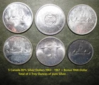 5 Canada 80% Silver Dollars Lot Coins 1963 - 1967 + Bonus 1968 $1, 3 Troy Ounces