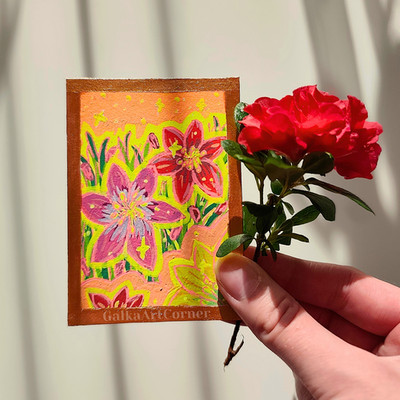 Handgefertigte Regenlilie ACEO Blumenkunst, Original Karte Mini Gemälde Sammlerstück