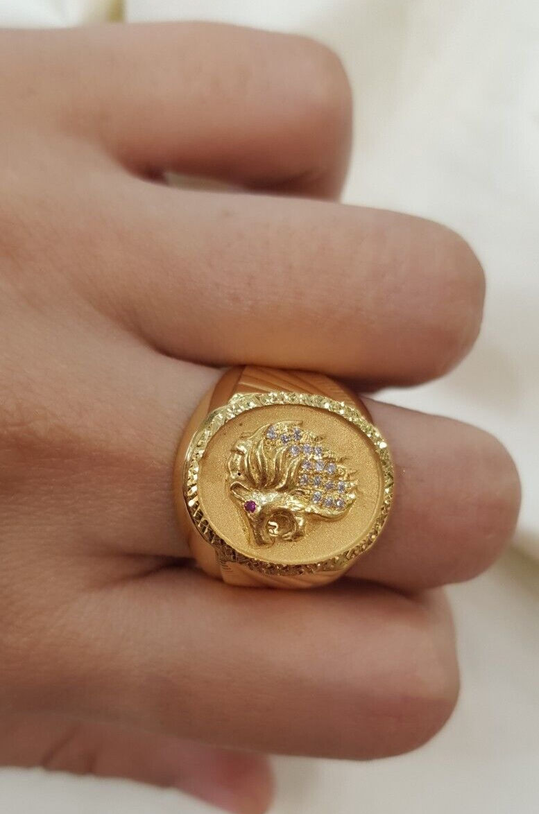 Real Gold 22K Ring Designer CZ Lion Head Ring Lion Signet Men Ring
