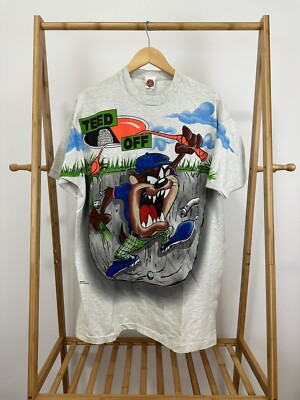 VTG 90s Teed Off Golf Looney Tunes Taz AOP Big Print Single Stitch T-Shirt XL