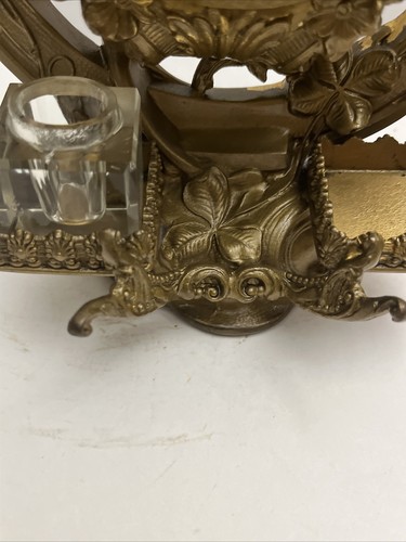 Antique Art Nouveau Brass Horseshoe Keyless Clock W/ Double Glass Inkwell, Pen - Picture 14 of 20