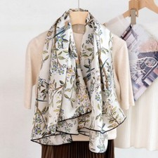 Mulberry Silk Wrap Shawl Bandanna Shawl Birds Flowers Print Square Scarf 43"