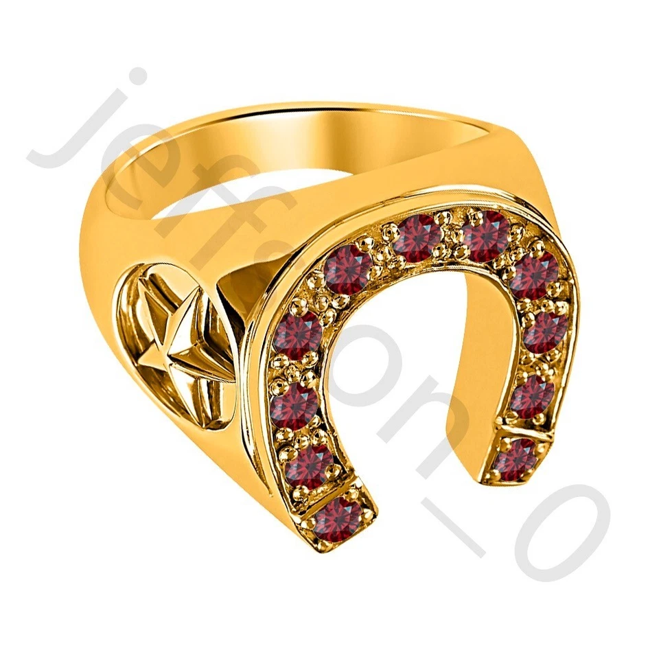Anillo de herradura de oro amarillo de 14 quilates granate rojo creado en laboratorio de 0,50 quilates con más de 2 estrellas para hombre Foto 3 de 4