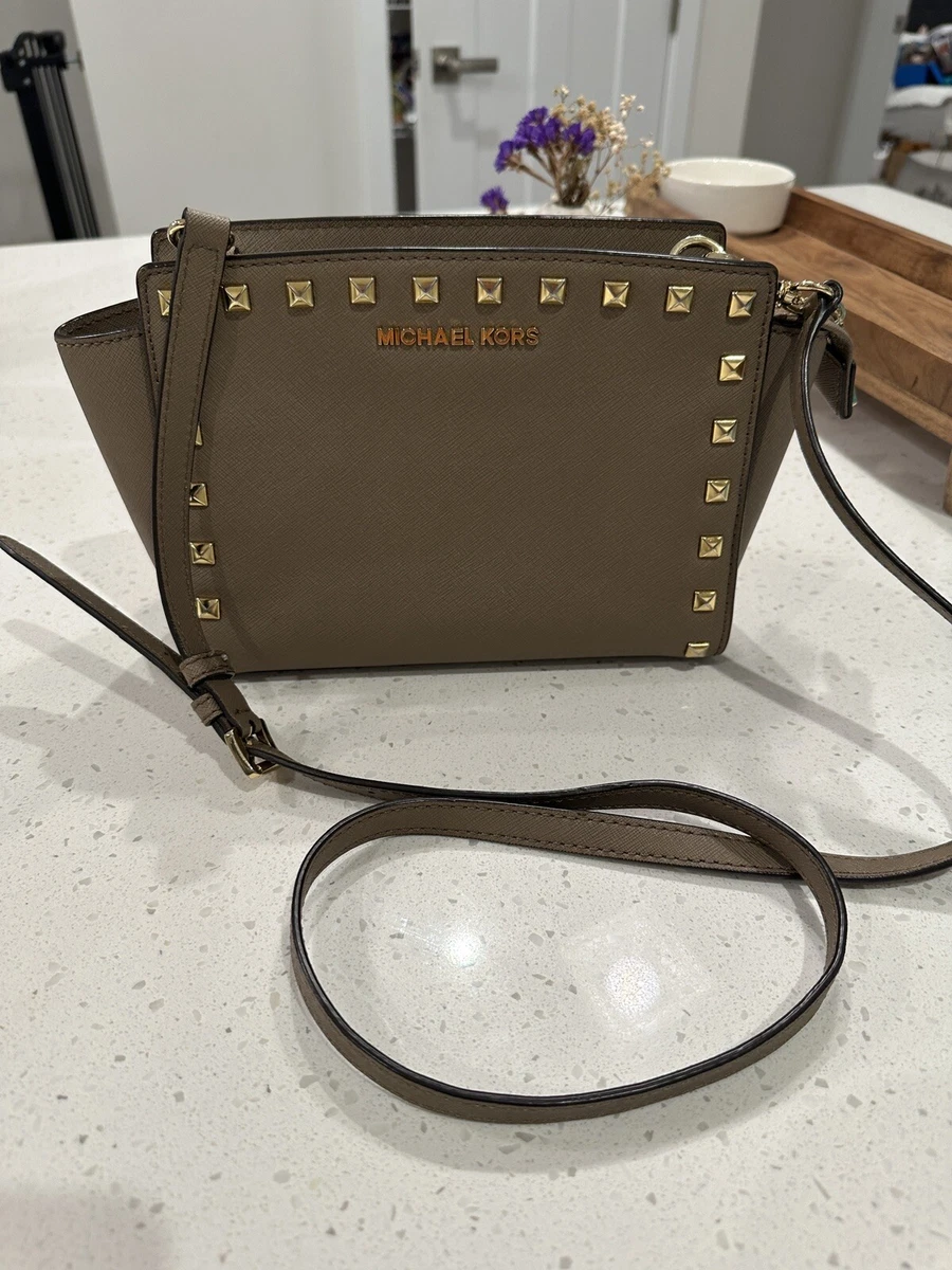 Michael Kors Selma Women's Brown Saffiano Leather Studded Crossbody  Shoulder Bag