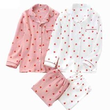 Ladies Pajamas Set Heart Printed Cotton Double-layer Gauze Turn-down Trousers