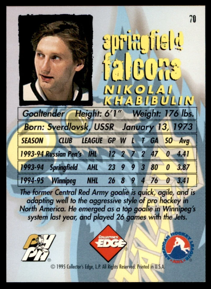 1995-96 Edge Ice Nikolai Khabibulin OnCardIPAuto Lightning #70 *Noles2148* Foto 2 de 2