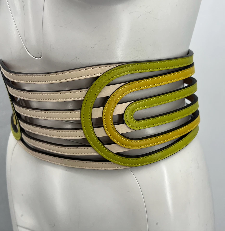 Roberto Cavalli green yellow beige leather 6 row wide Belt Sz 42/75 small - Image 2 of 4