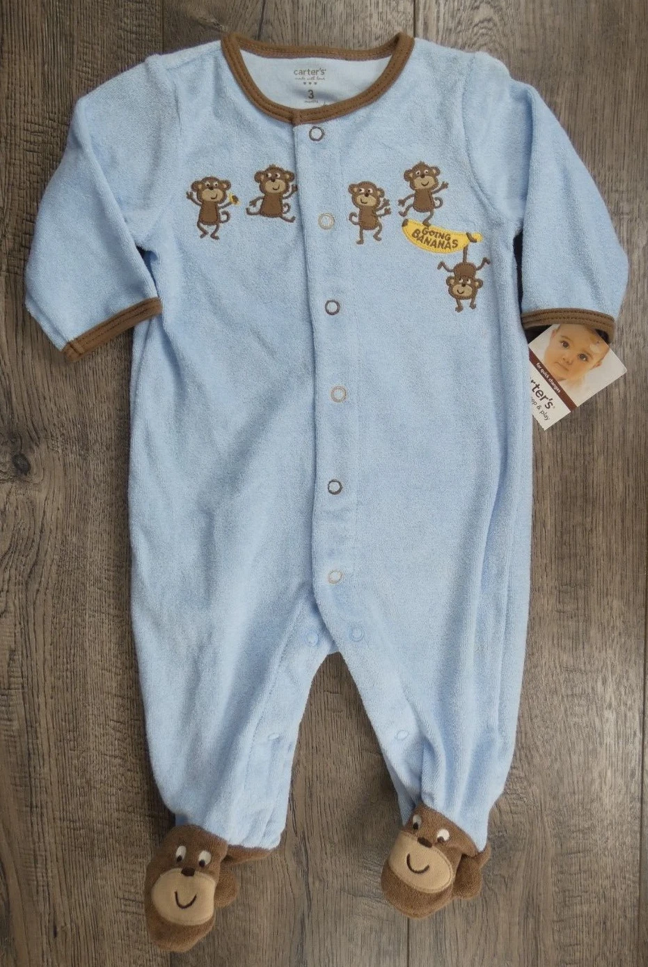 Baby Boy Clothes New Vintage Carter's 3 Month Terry Cloth Blu Monkey Outfit