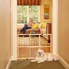 Natural Wood Pet Gate with Wire Mesh for Small to Medium Dogs, 26.5-42 Inches