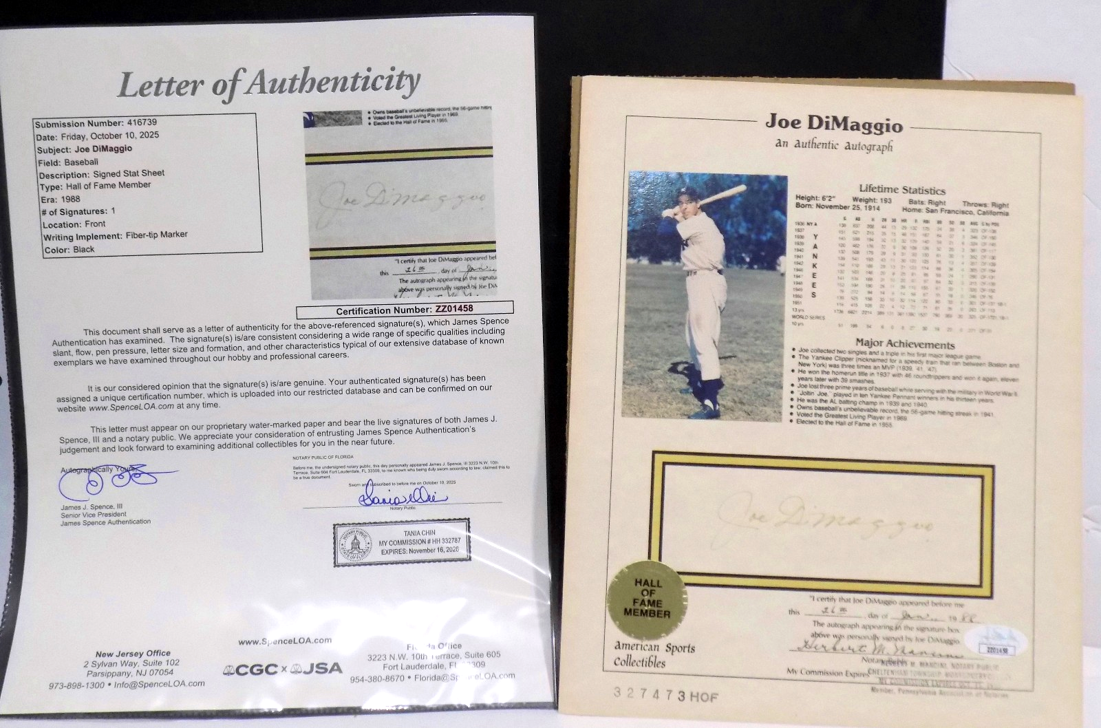 Joe DiMaggio Autographed Signed New York Yankees HOF 1988 Auto 8x10 Stat Page JSA LOA 