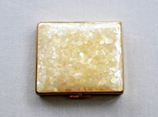Vintage Marhill Mother of Pearl Abalone Shell Compact Gold Tone Signed Mirror