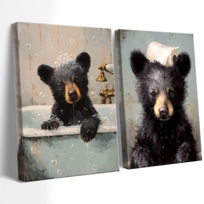 2 Piece Bear Bathroom Canvas Wall Art Set 12x16 inches