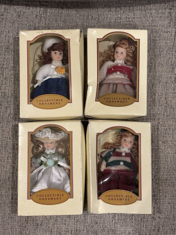 Vtg Bed Bath & Beyond 4" Porcelain Doll Christmas Ornaments Set of 4 Boxed