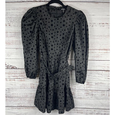 Express Dress Women's XS Petite Black Polka Dot Puff Sleeve Belted Party Mini