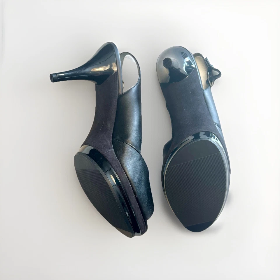 Nine & Co. 黑色露背露趾厚底高跟鞋皮革麂皮绒底部 — 第 2/4 张图片