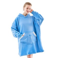 Oversized Sherpa Fleece Hoodie Blanket with Pockets for Adults - Blue
