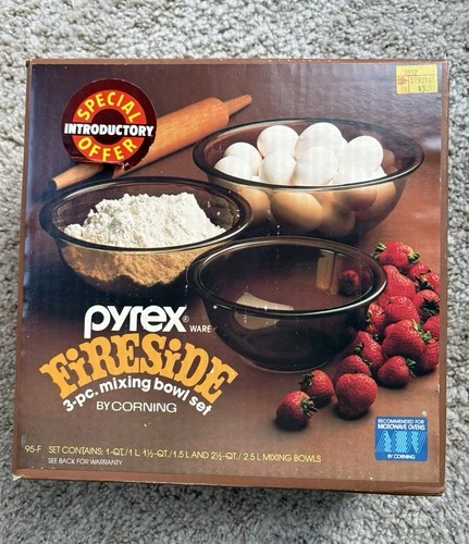 Vintage PYREX WARE Fireside 3 Piece Mixing Bowl Set 95 F  New Factory Sealed