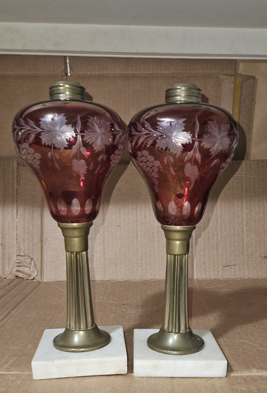 BOHEMIAN GLASS TABLE LAMP Red Glass Font Etched with Grape and Flower Design