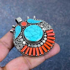 Turquoise, Coral Gemstone 925 Silver Handmade Ethnic Nepali Pendant Jewelry