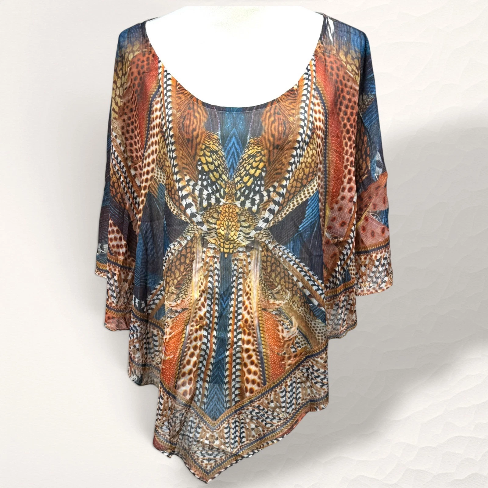 Energe Poncho Top Women 3X Blue Boho Sheer Chiffon Resortwear Cruise