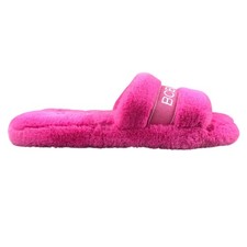 BCBGeneration Women's Medium 7-8 Pink Faux Fur Logo Open Toe Slides Slippers